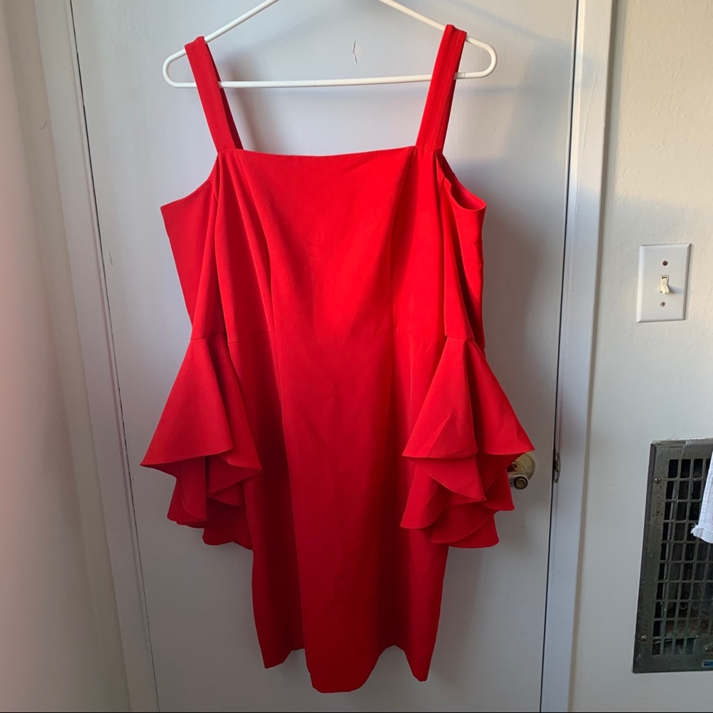 Red Off the Shoulder Dress with Ruffle Sleeves